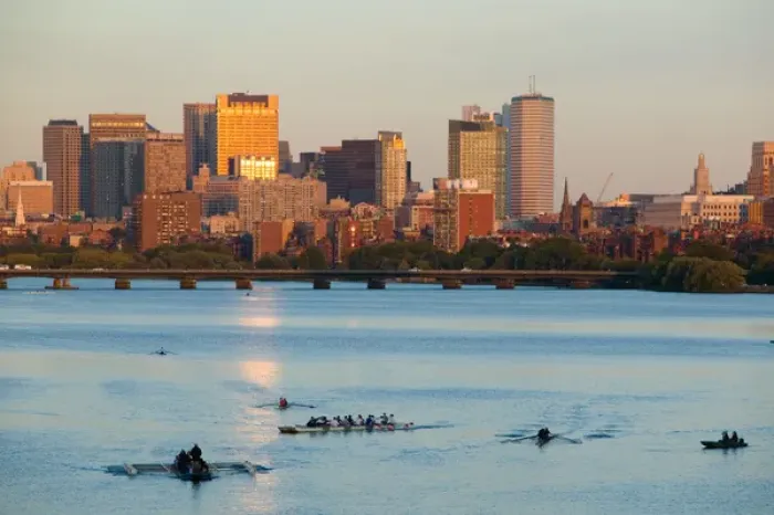 Framed Print : USA-Massachusetts-Boston: Sunset View of Financial District and Rowers on the Charles