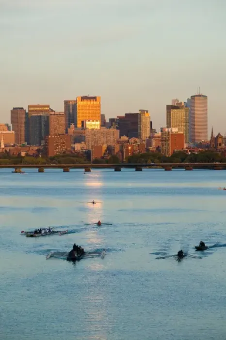 Framed Print : USA-Massachusetts-Boston: Sunset View of Financial District and Rowers on the Charles