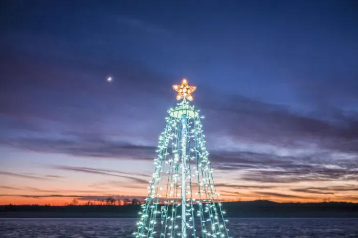 Framed Print : USA, Massachusetts, Cape Ann, Annisquam. Waterfront Christmas Tree