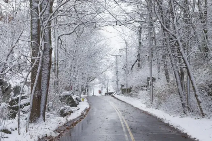Framed Print : USA, Massachusetts, Cape Ann, Gloucester, early snow on country road