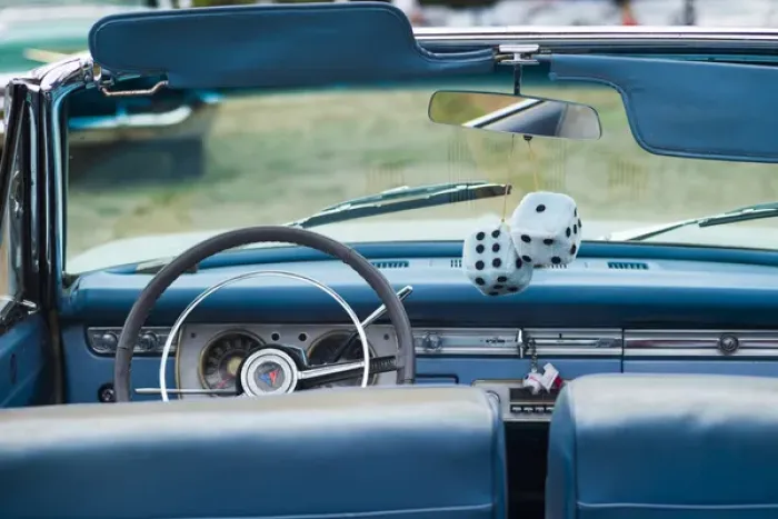 Framed Print : USA, Massachusetts, Cape Ann, Gloucester, Antique Car Show, 1950s-era, fuzzy dice