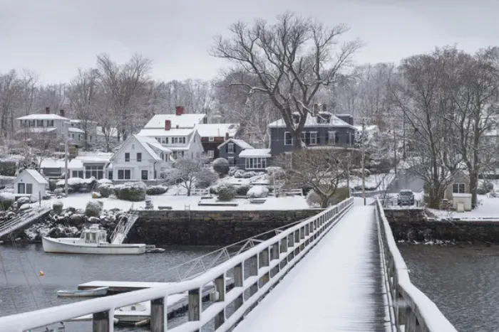 Framed Print : USA, Massachusetts, Cape Ann, Gloucester, early snowfall, Lobster Cove