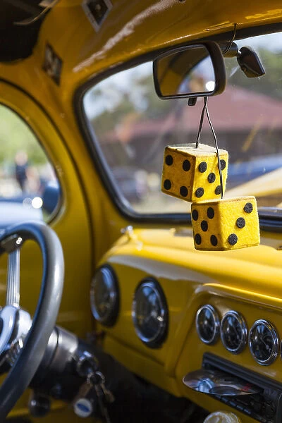 USA, Massachusetts, Cape Ann, Gloucester, antique car show, car with fuzzy dice