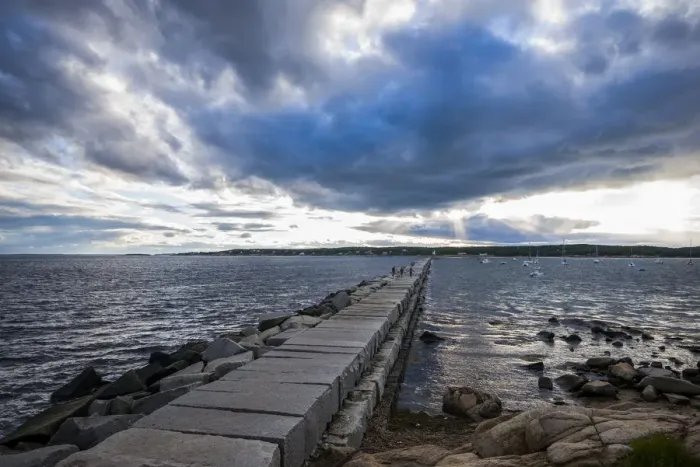 Framed Print : USA, Massachusetts, Cape Ann, Gloucester, Eastern Point Breakwater at dusk Framed Print : USA, Massachusetts, Cape Ann, Gloucester, Eastern Point Breakwater at dusk