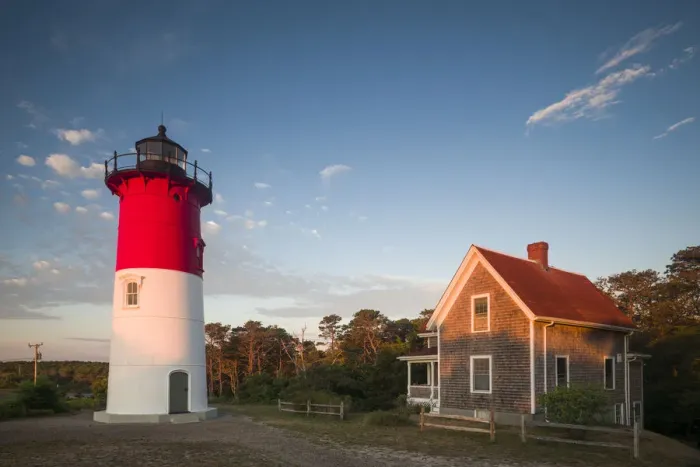 Framed Print : USA, Massachusetts, Cape Cod, Eastham, Nauset Lighthouse at dawn