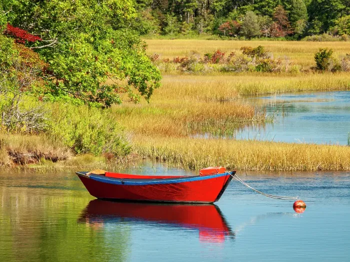 Framed Print : USA, Massachusetts, Cape Cod, West Harwich. Calm water surrounds a red dory moored on the Herring River Framed Print : USA, Massachusetts, Cape Cod, West Harwich. Calm water surrounds a red dory moored on the Herring River