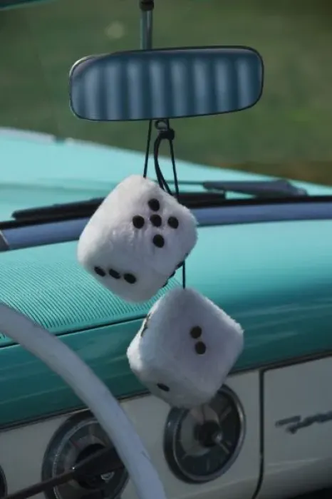 Framed Print : USA, Massachusetts, Gloucester. Fuzzy dice in a 1950s-era convertible