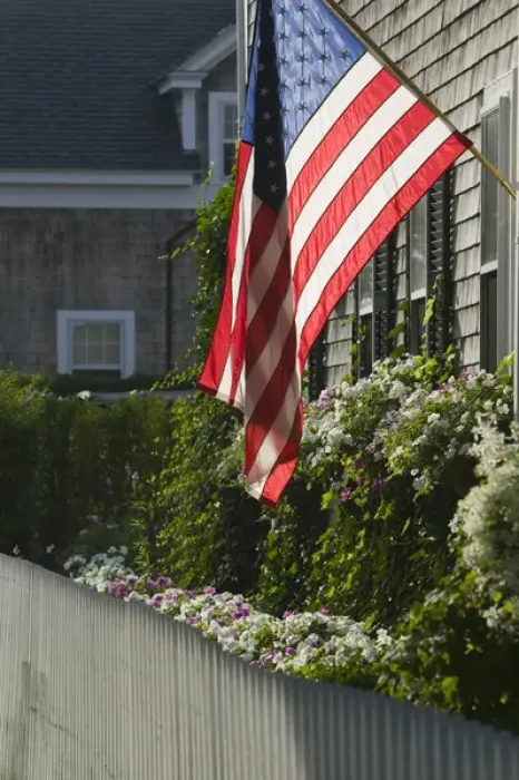 Framed Print : USA-MASSACHUSETTS-Marthas Vineyard: Edgartown- US Flag on house  /  Downtown