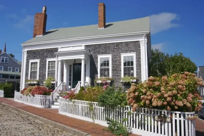 Framed Print : USA, Massachusetts, Nantucket. A pretty shingled house on a cobblestone street Framed Print : USA, Massachusetts, Nantucket. A pretty shingled house on a cobblestone street