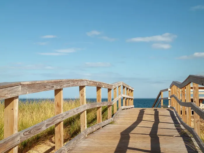 Framed Print : USA, Massachusetts, Newburyport. Parker River National Wildlife Refuge, Boardwalk over dunes on Plum Island