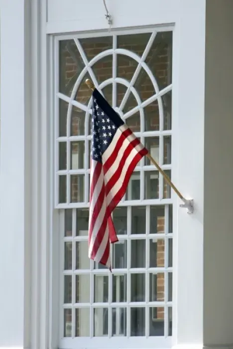 Framed Print : USA, Massachusetts, Stockbridge, American flag by window Framed Print : USA, Massachusetts, Stockbridge, American flag by window