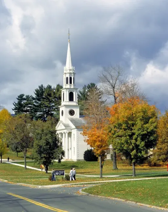 Framed Print : USA, Massachusetts, Williamstown. A pretty, white-spired chapel is surrounded by