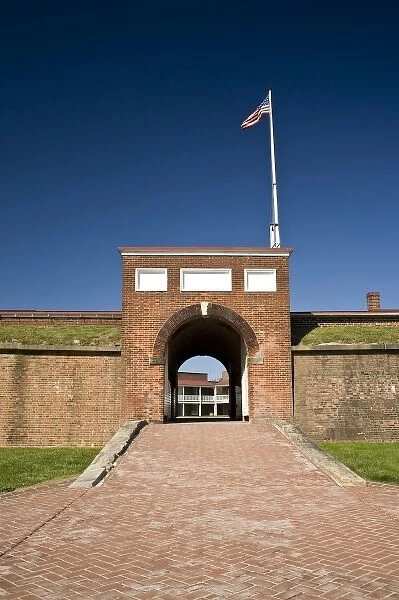 USA, MD, Baltimore. The arched entrance into the fortified walls of Fort McHenry is the only way in