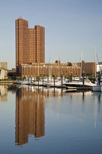 USA, MD, Baltimore. The Intercontinental Hotel reflected in Baltimores Inner Harbor