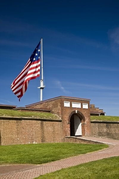 USA, MD, Baltimore. The large 15-star flag flies proudly over Fort McHenry