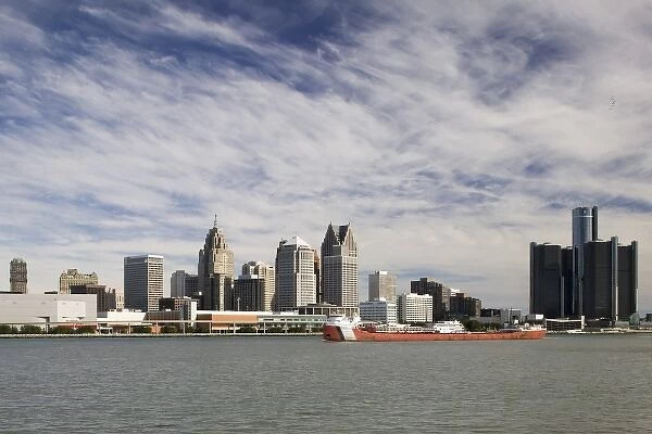 USA, Michigan, Detroit: City Skyline along Detroit River from Windsor Ontario, CANADA