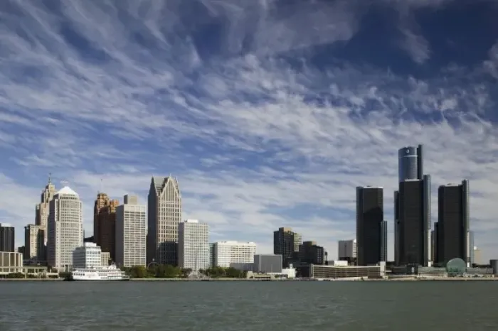 Framed Print : USA, Michigan, Detroit: City Skyline along Detroit River from Windsor Ontario, CANADA
