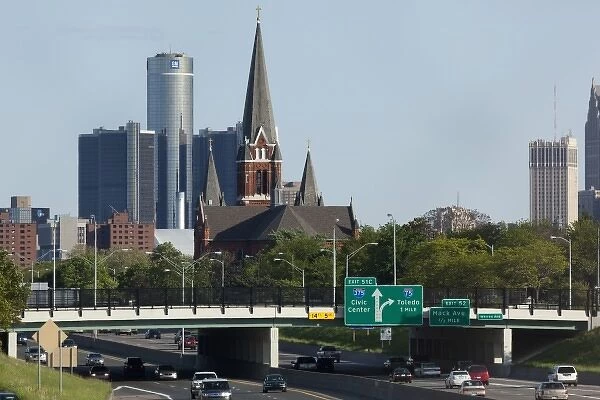 USA, Michigan, Detroit, St. Joseph Catholic Church and GM Corporation Headquarters