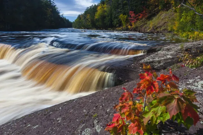 Framed Print : USA, Michigan. Fall colors at Presque Isle River waterfall on the south shore of Lake