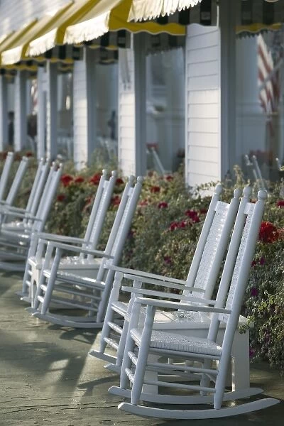 USA, Michigan, Straits of Mackinac: Mackinac Island, Grand Hotel, Rocking Chairs