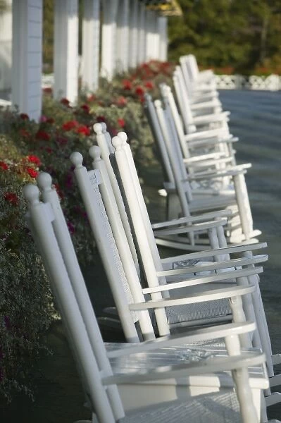 USA, Michigan, Straits of Mackinac: Mackinac Island, Grand Hotel, Rocking Chairs