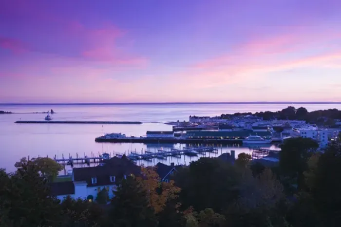 Framed Print : USA-Michigan-Straits of Mackinac: Mackinac Island- Harborfront Aerial / Evening Framed Print : USA-Michigan-Straits of Mackinac: Mackinac Island- Harborfront Aerial / Evening