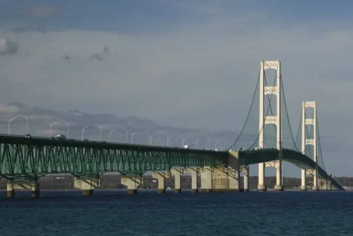 Framed Print : USA, Michigan, Straits of Mackinac: Mackinaw City, Mackinac Bridge  /  Late Afternoon