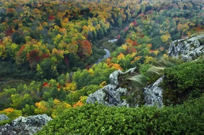 Framed Print : USA, Michigan, Upper Peninsula. Overlook of river in fall Framed Print : USA, Michigan, Upper Peninsula. Overlook of river in fall