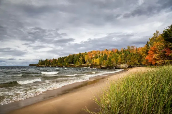 Framed Print : USA, Michigan, Upper Peninsula, Munising, Autumn at Au Train Bay and Lake Superior Framed Print : USA, Michigan, Upper Peninsula, Munising, Autumn at Au Train Bay and Lake Superior
