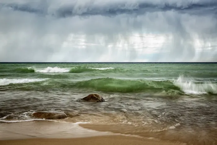 Framed Print : USA, Michigan, Upper Peninsula, Munising, Rain clouds over Pictured Rocks National Lakeshore