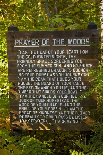USA, Michigan, Upper Peninsula. The Prayer of the Woods on a sign at Tahquamenon Falls State Park
