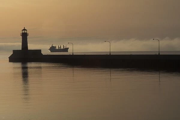 USA, Minnesota, Duluth. Ship at anchor off the Duluth ship canal