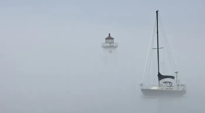 Framed Print : USA, Minnesota, Grand Marias. Sailboat in fog Framed Print : USA, Minnesota, Grand Marias. Sailboat in fog