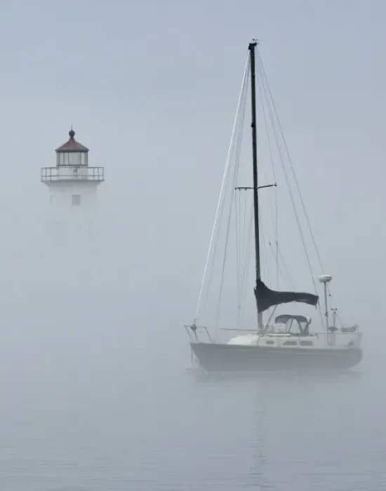 Framed Print : USA, Minnesota, Grand Marias. Sailboat in fog Framed Print : USA, Minnesota, Grand Marias. Sailboat in fog