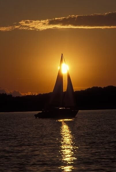 USA, Minnesota, Sailboat Sunset Leech Lake