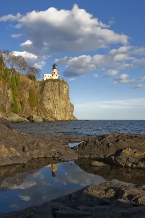 Framed Print : USA, Minnesota. Split Rock Lighthouse reflects in a pool on the shore of Lake Superior