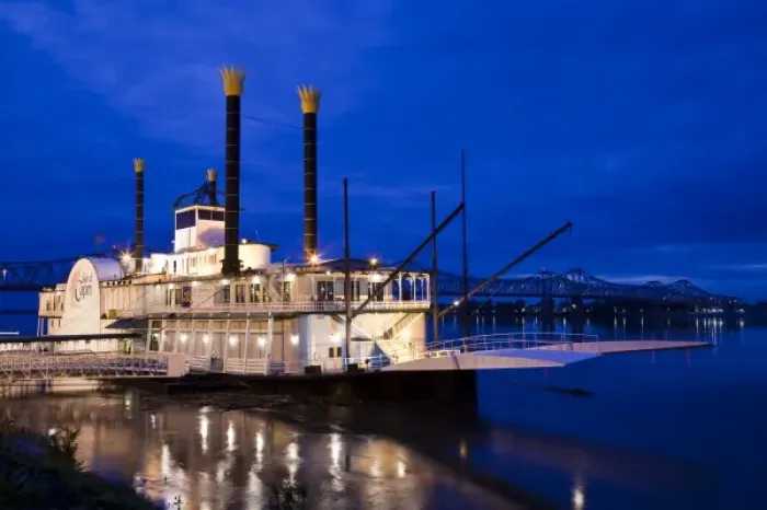 Framed Print : USA, Mississippi, Natchez. Isle of Capri Casino riverboat on Mississippi River, dusk Framed Print : USA, Mississippi, Natchez. Isle of Capri Casino riverboat on Mississippi River, dusk