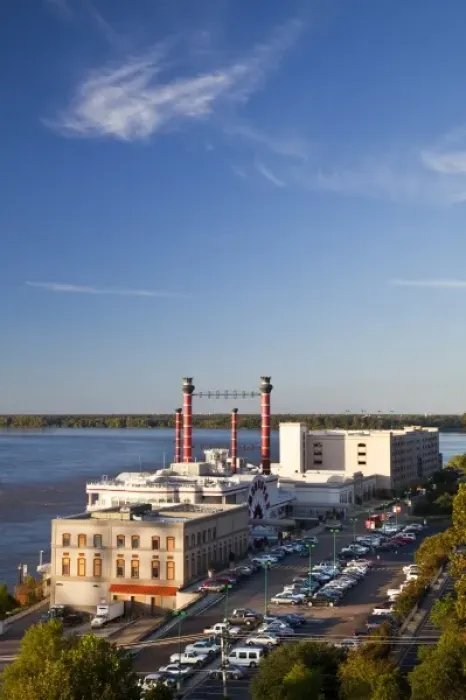 Framed Print : USA, Mississippi, Vicksburg. Ameristar Casino and Mississippi River, late afternoon