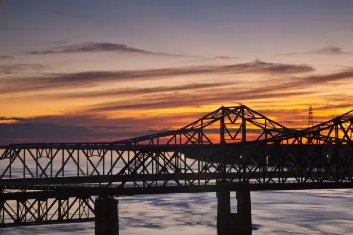 Framed Print : USA, Mississippi, Vicksburg. I-20 Highway and US-80 bridges across the Mississippi River, dusk