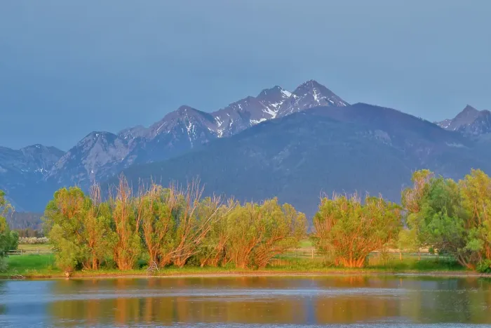 Framed Print : USA, Montana, Allentown. Evening light of Mission Mountains reflected in small pond