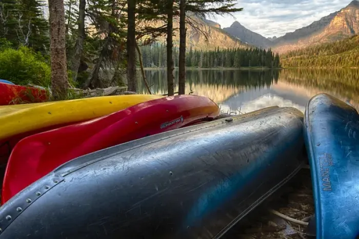 Framed Print : USA, Montana, Glacier National Park. Two Medicine Lake with canoes in foreground