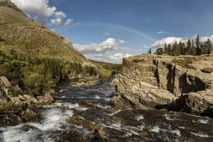 Framed Print : USA, Montana, Glacier National Park. Rainbow above Swiftcurrent Falls