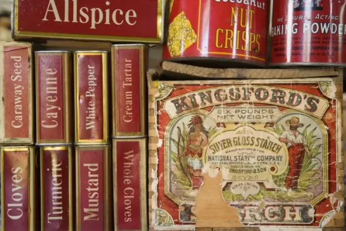 Framed Print : USA, Montana, Little Belt Mountains, Lewis and Clark NF. Close-up of vintage spice cans