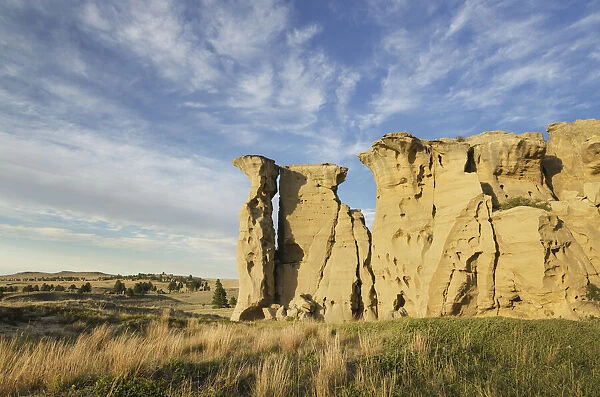 USA, Montana. Sandstone pillars or hoodoos rising from the prairie