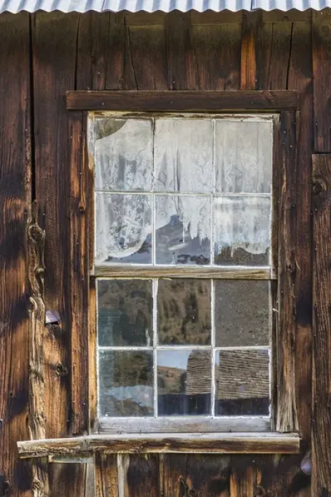 Framed Print : USA, Montana, Virginia City. Detail of a window in vintage cabin