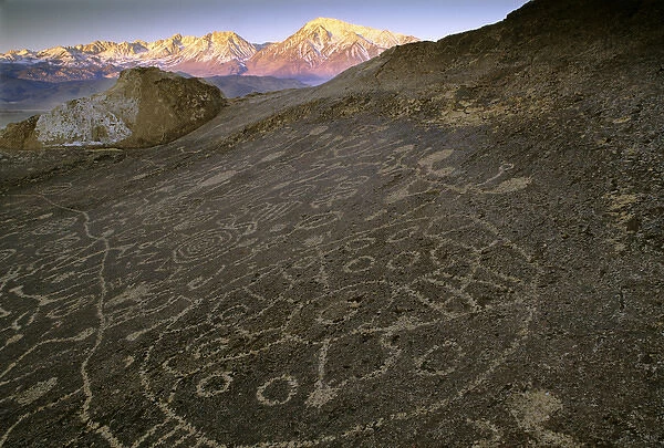 USA, Nevada. Circular petroglyphs at the edge of the Great Basin, with the Sierra