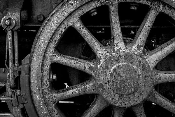USA, Nevada, Ely. Black & White of train wheel