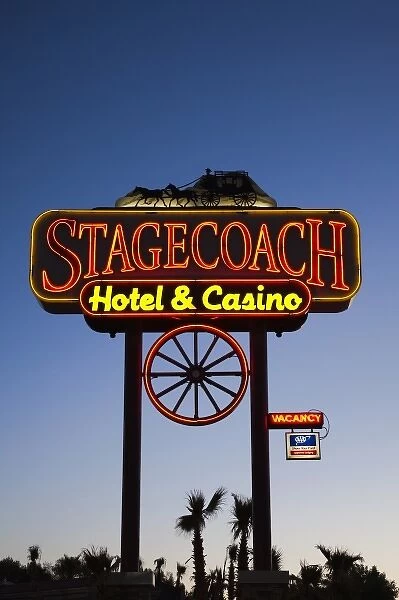 USA, Nevada, Great Basin, Beatty, sign for Stagecoach Hotel and Casino, dawn