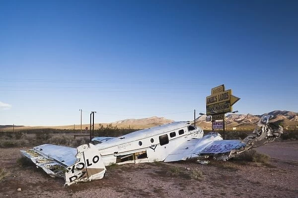 USA, Nevada, Great Basin, Beatty, abandoned small airplane by Angels Ladies Brothel