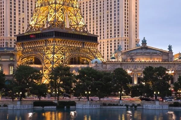 USA, Nevada, Las Vegas. Paris Las Vegas hotel and Casino along The Strip, evening